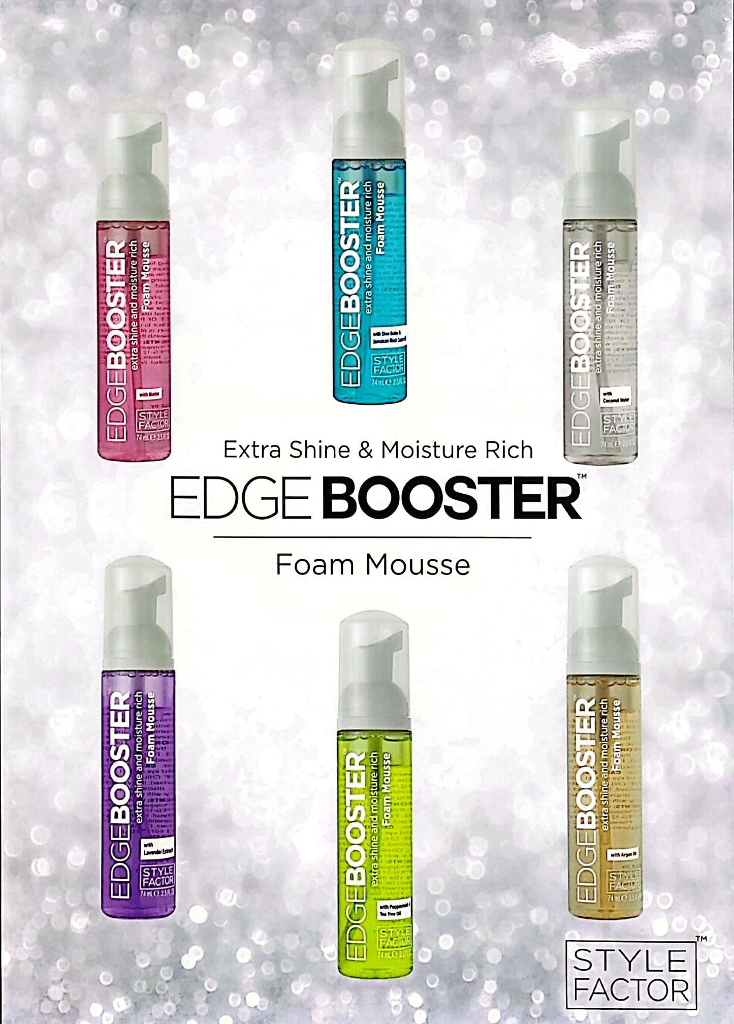 "Sulfate Free" EdgeBooster Extra Shine N Moisture Rich Foam Mousse 2.5oz & 9oz, 8 Scent 12pcs/box MSRP $3.99 & up